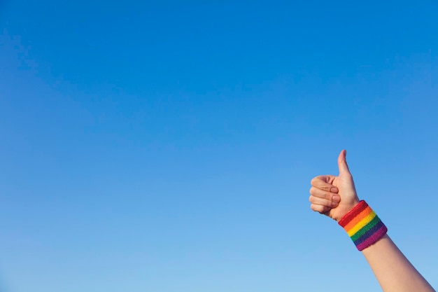 Gay Pride-concept Hand die een vuistteken maakt met Gay Pride LGBT-regenboogvlagpolsband