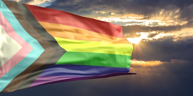 Gay pride-teken herontwerp Regenboogkleuren nieuwe LGBT-voortgangsvlag zwaaiend in de lucht bij zonsondergang op de achtergrond 3d illustratie