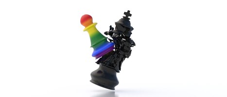 Gay pride-vlag kleuren schaakpion valt zwarte koning aan op witte achtergrond 3d illustratie