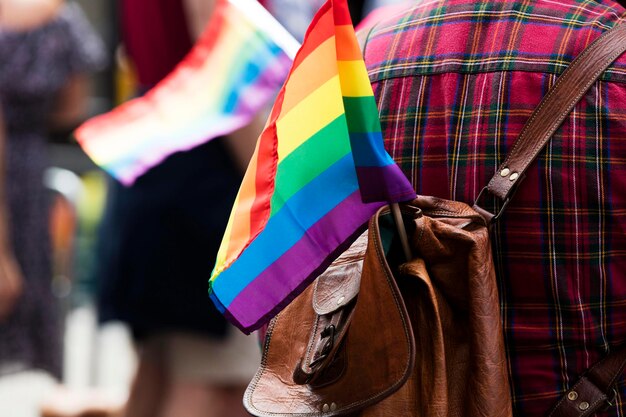 Gay rainbow flag at an LGBT gay pride march in London