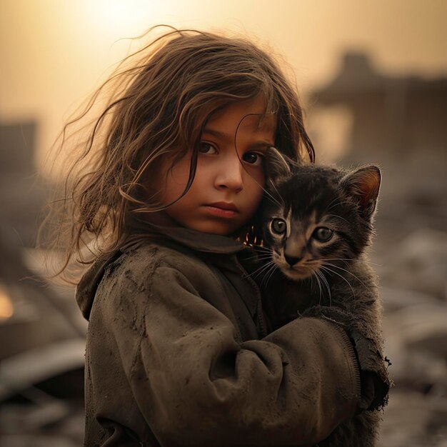 gaza_war_child_cry_with_cat_animal_under_bombard