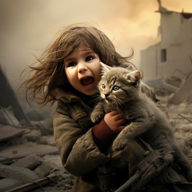 gaza_war_child_cry_with_cat_animal_under_bombard