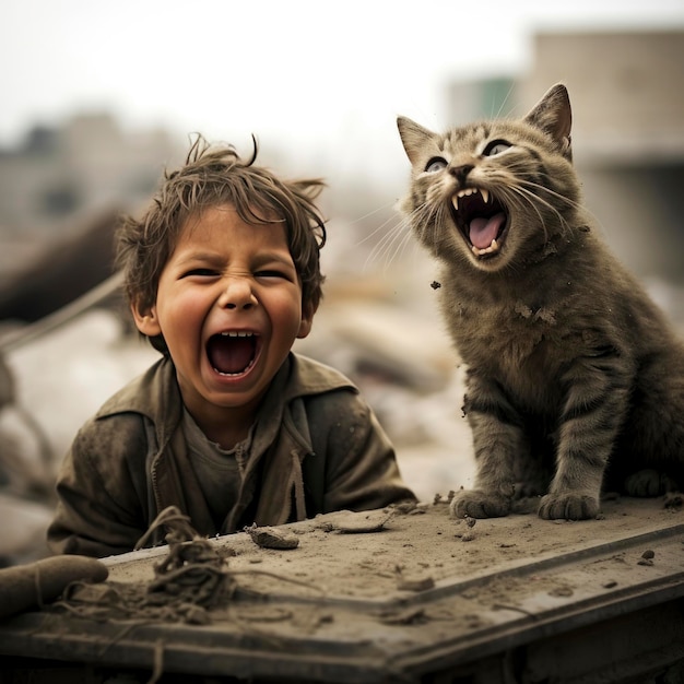 gaza_war_child_cry_with_cat_animal_under_bombard