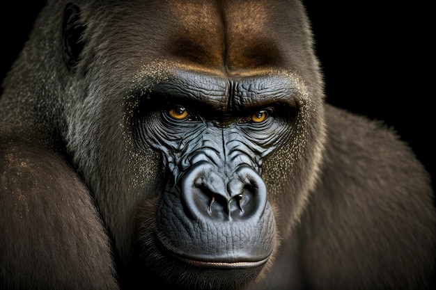 Gaze of brooding gorilla with shiny muzzle and light eyes