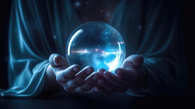 Gaze into the mystical depths of a crystal ball as it unveils the secrets of the future Swirling mists within the orb form ethereal images and symbols Generated by AI