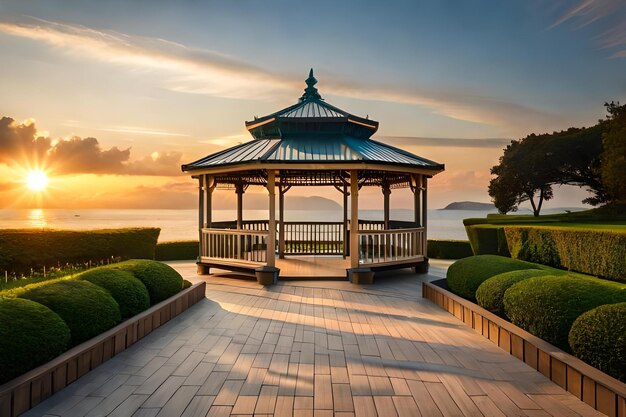 Gazebo aan zee met een zonsondergang op de achtergrond