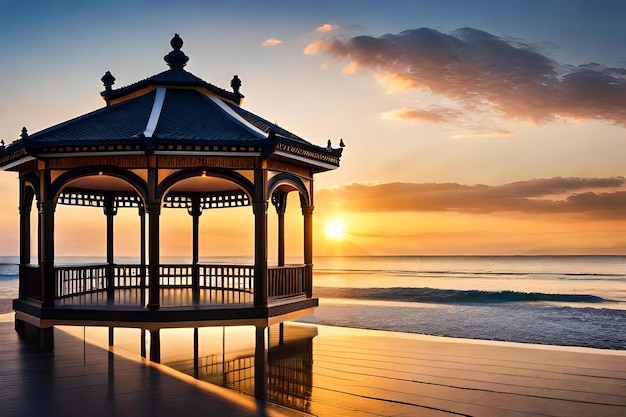 A gazebo on the beach at sunset