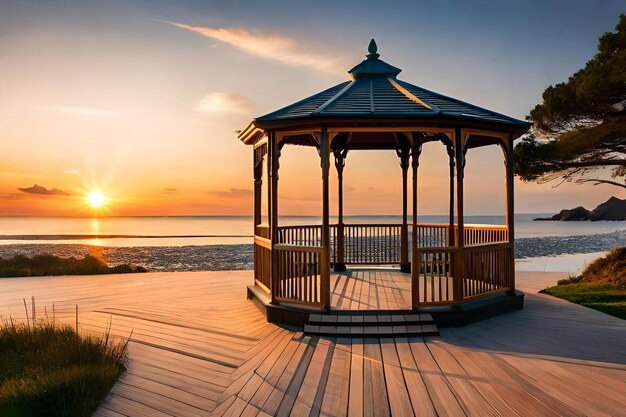 A gazebo on the beach at sunset