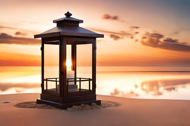 A gazebo on a beach with a sunset in the background