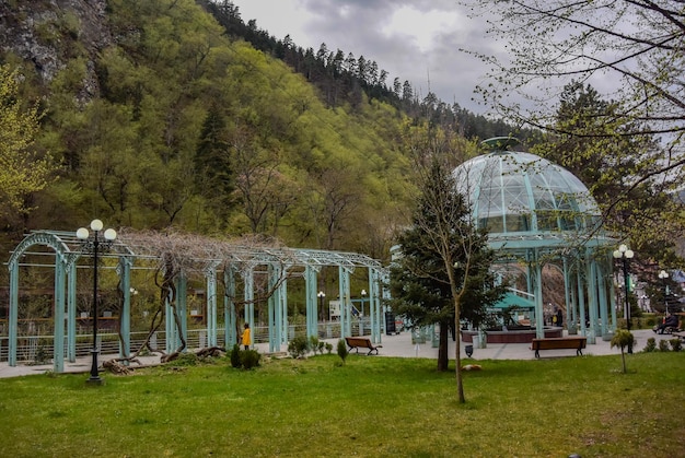 Gazebo in Borjomi Park on a rainy spring day April 30 2019 Borjomi Georgia