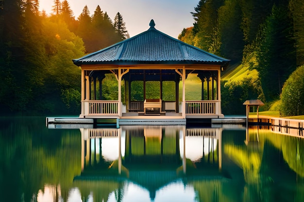 A gazebo by the lake with a view of the lake and trees in the background.