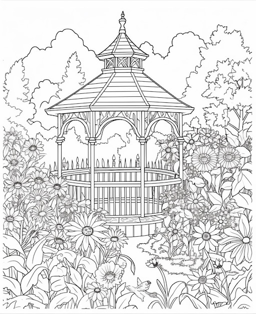 A gazebo in a garden with flowers and a bird on the roof.