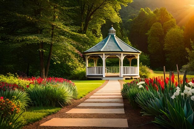 Gazebo in the garden with red flowers