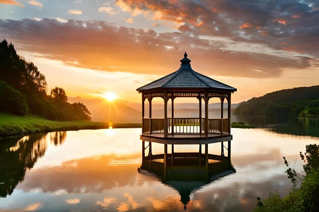 Gazebo met een zonsondergang op de achtergrond