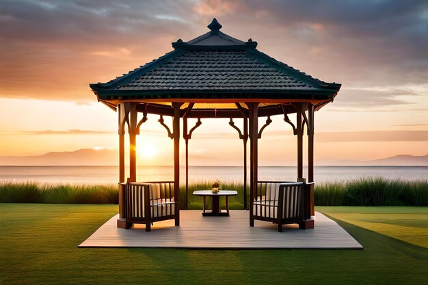 Gazebo met uitzicht op de oceaan en de bergen op de achtergrond.