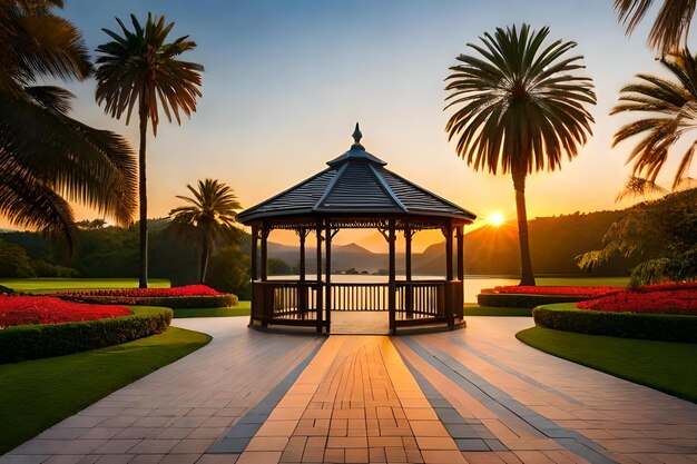 Gazebo in a park at sunset