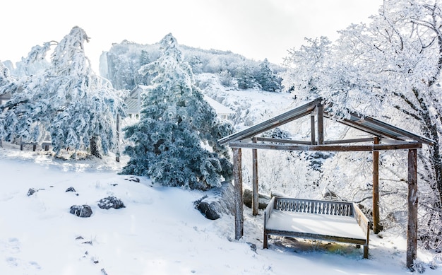 Gazebo for relaxing in a snowy forest in the mountains.