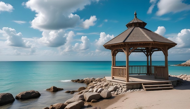 Photo a gazebo on a rocky beach with turquoise blue water and a cloudy sky in the background