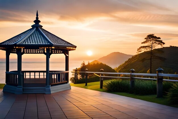 Gazebo on the sea with mountains in the background