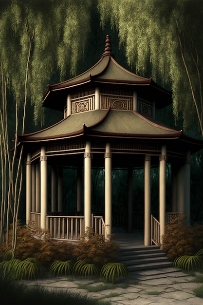 Gazebo sitting in the middle of a lush green forest generative ai