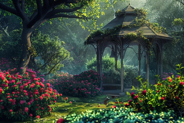 Gazebo Surrounded by Flowers and Trees in a Park