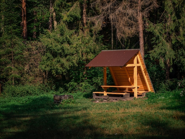 Gazebo tegen de achtergrond van vele sparren