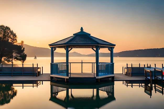 A gazebo on the water at sunset