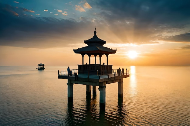 A gazebo on the water with a boat in the background