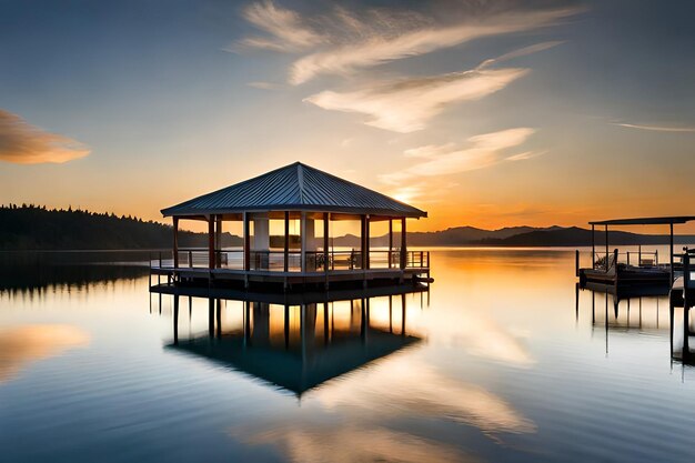 A gazebo with a gazebo on the water at sunset