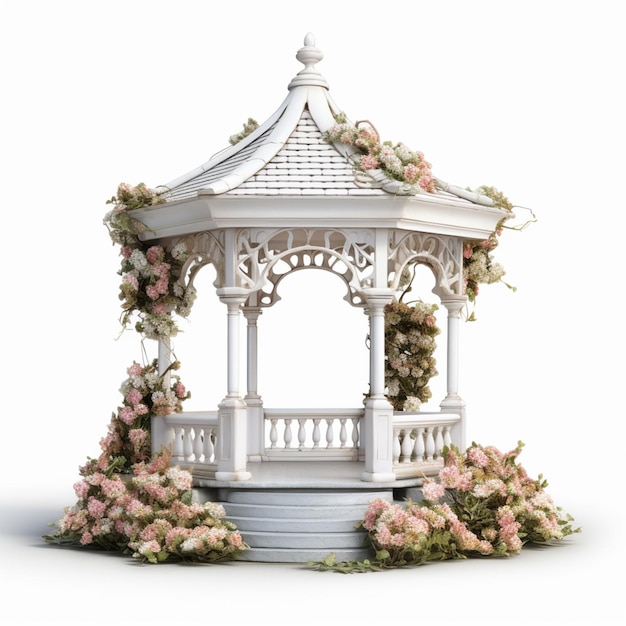 A gazebo with pink roses on it