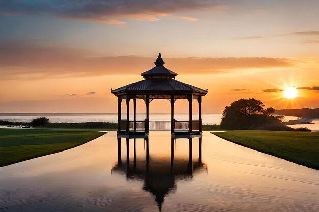 A gazebo with a reflection of a sunset in the water.