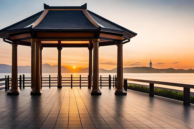 A gazebo with a sunset in the background