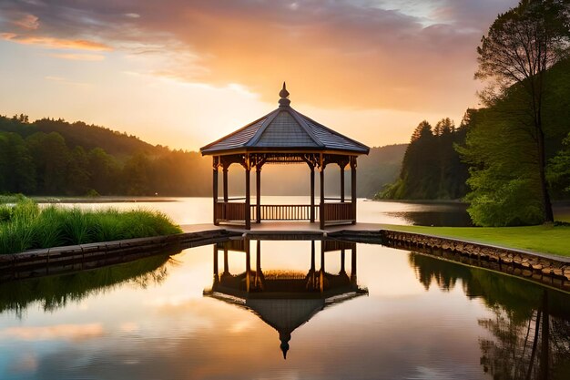 A gazebo with a sunset in the background