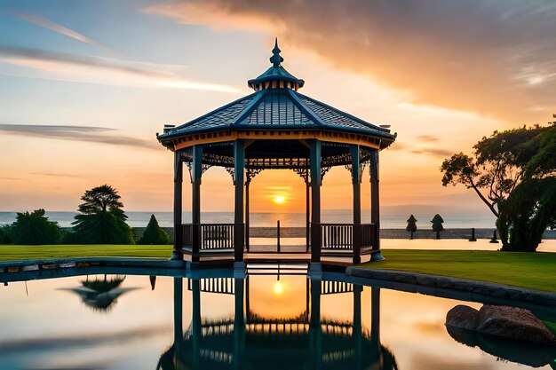 A gazebo with a sunset in the background