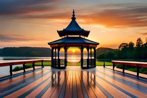 A gazebo with a sunset in the background