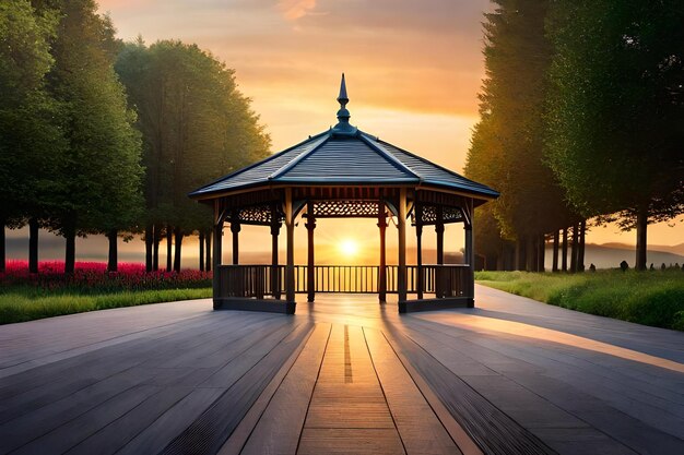 Foto un gazebo con il tramonto sullo sfondo