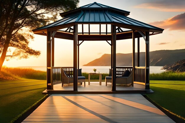 Foto un gazebo con vista lago e montagne sullo sfondo.