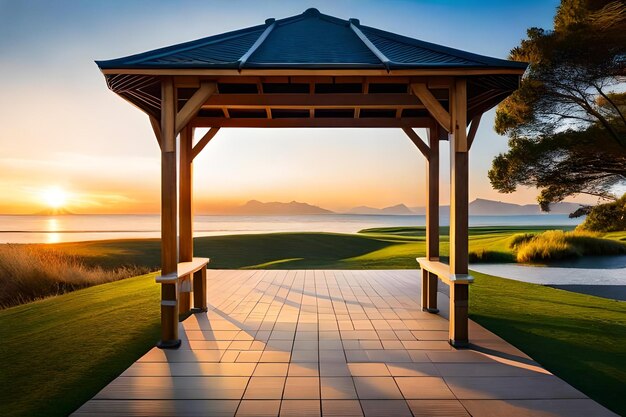 Foto un gazebo con vista sulle montagne sullo sfondo.