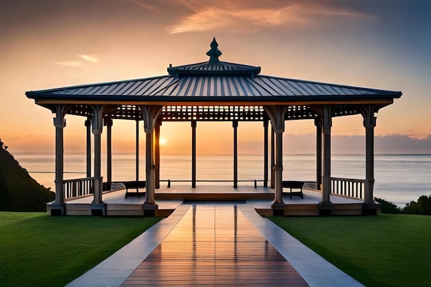 A gazebo with a view of the ocean in the background.