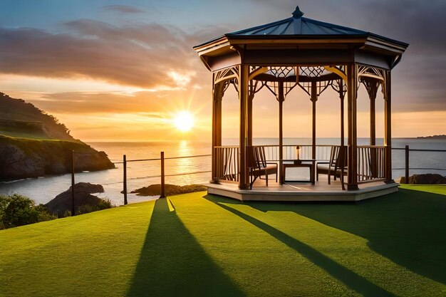 A gazebo with a view of the ocean and the sunset
