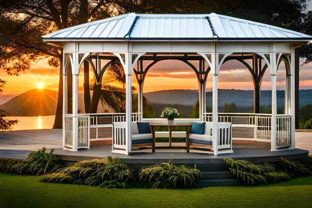 A gazebo with a view of the sunset