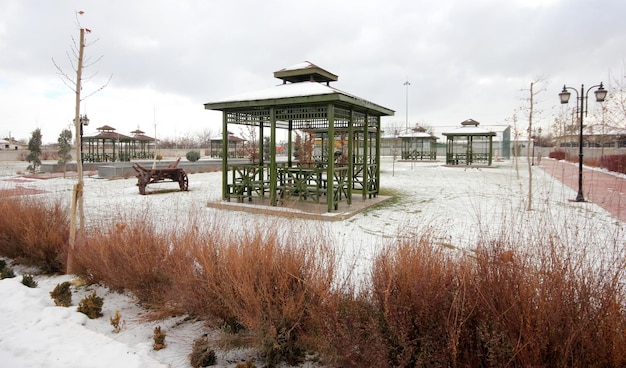 Gazebos in the public park on a winter day