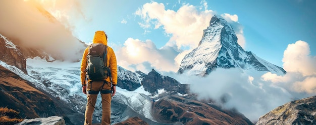 꼭대기 를 바라보는 등반자 는 웅장 한 산꼭대기 를 쳐다보며 앞 에 있는 여행 에 대한 목표 와 열망 을 설정 한다