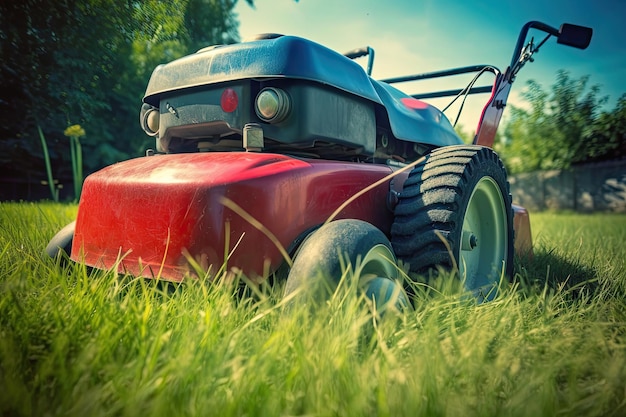 Gazonverhuizer op groen gras in moderne tuin Machine voor het maaien van gazons