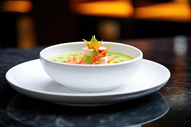 Photo gazpacho served in a chilled bowl with a cucumber slice on the rim