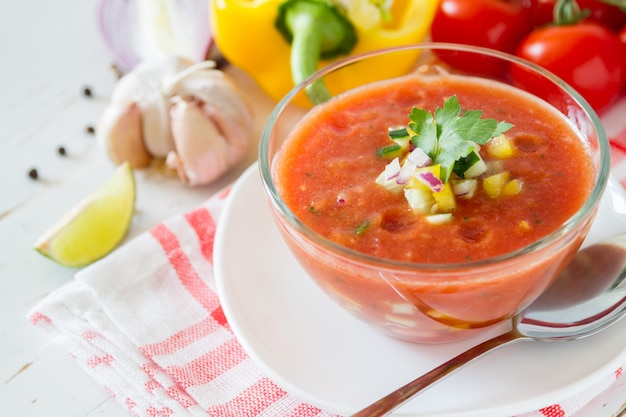 Gazpacho soup and ingredients 