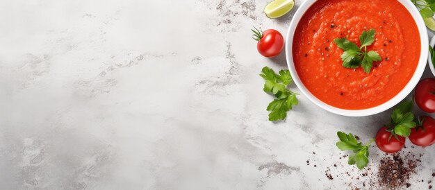 Gazpacho soup presented in a bowl on a light stone background with space for text It is a chilled