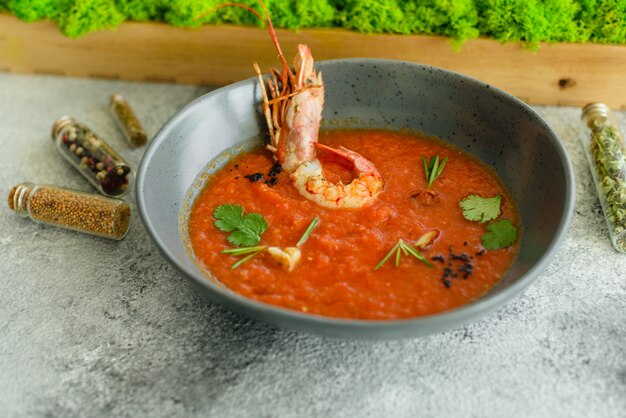 Gazpacho with prawns. Close up of a spanish cold vegetable soup gazpacho