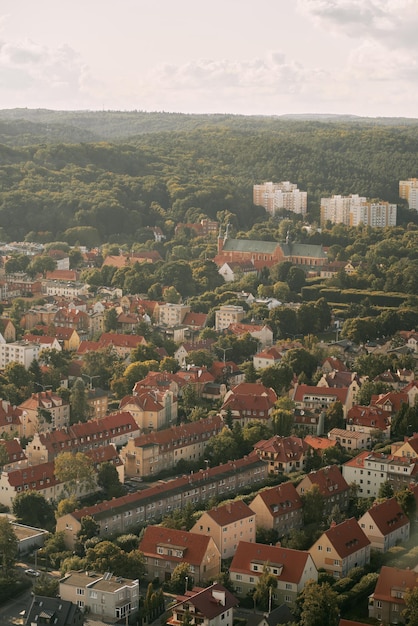 Gdansk birds eye view during summer sunset Beautiful neighborhood in the Polish city Modern architecture with historical buildings