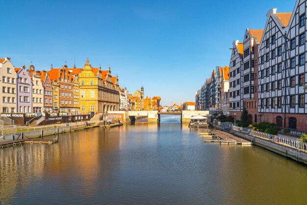 Gdansk Poland 11 March 2022 view of the city and the river Motlawa with a buildings on the embankment